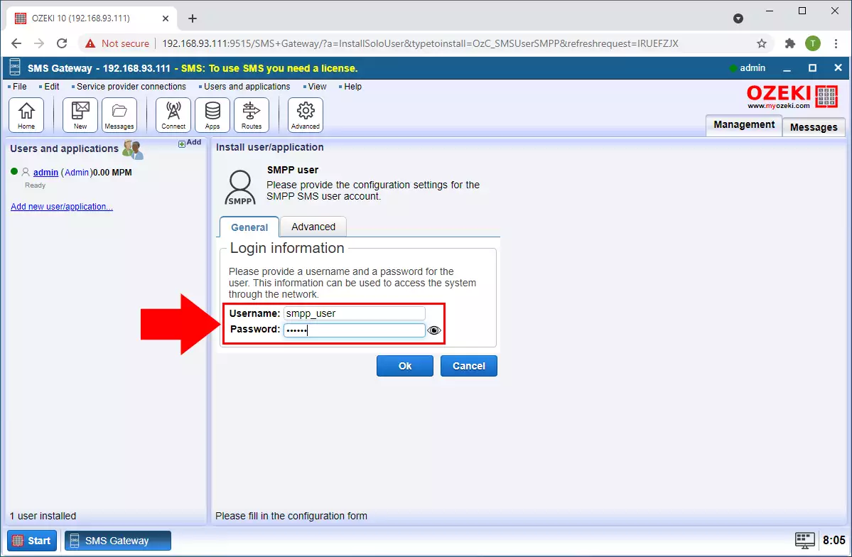 configure smpp user name and password